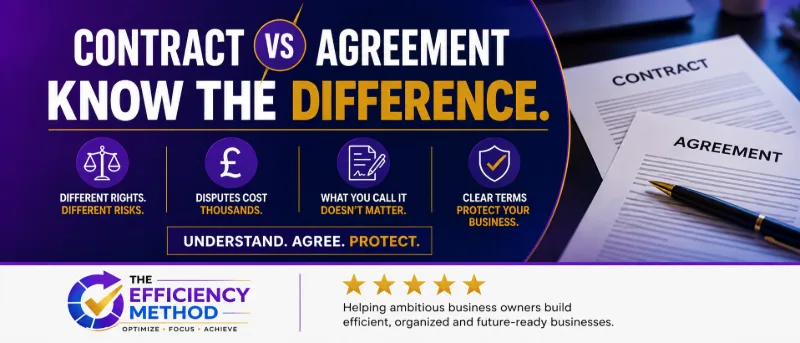 Contract vs agreement graphic highlighting legal risks, dispute costs and the importance of clear business terms.