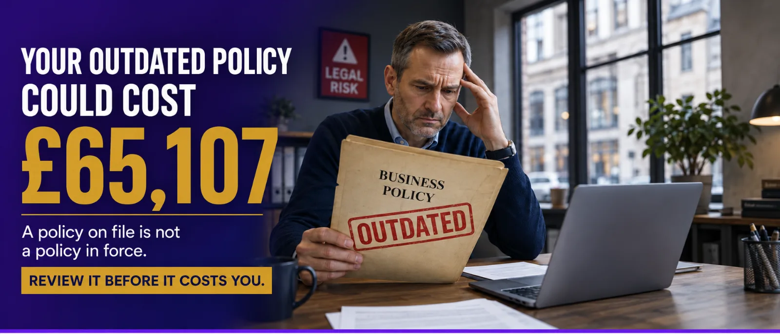 A business owner reviewing printed policies beside a laptop and compliance checklist in a modern office.